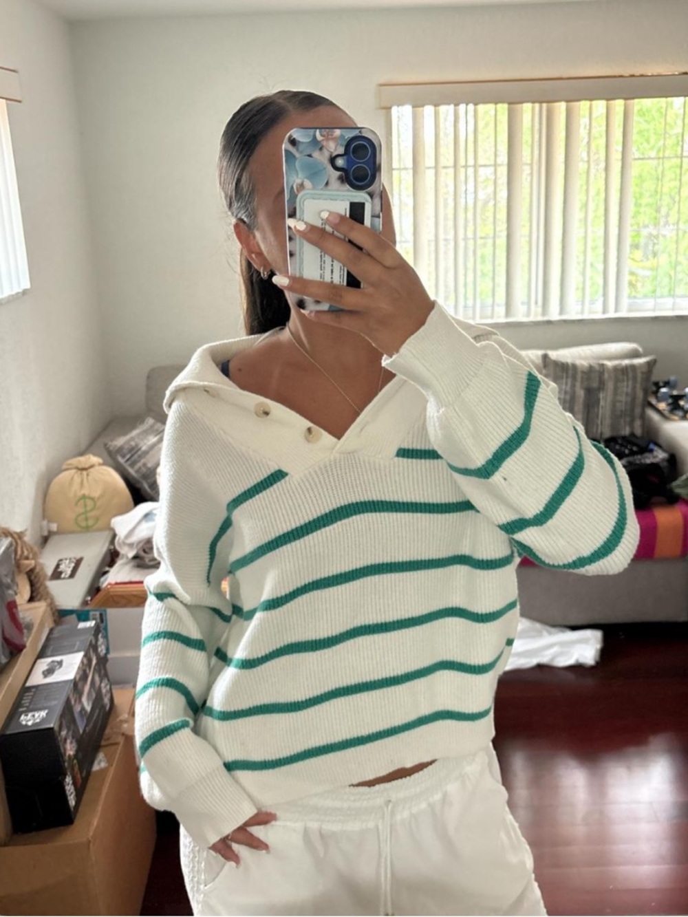 Sincerly Jules White Sweater with Teal Stripes - Off-the-Shoulder Knit